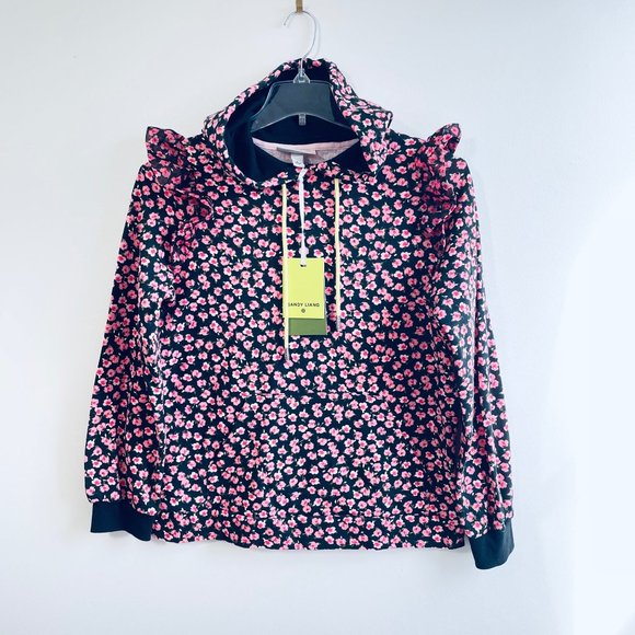 Sandy Liang S, M, L, 1X Pink Ditsy Floral Ruffle Hooded Hoodie Sweatshirt Top - Picture 4 of 11
